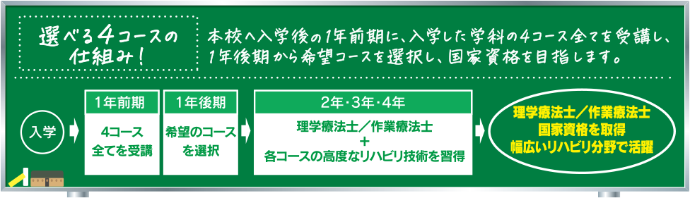 本校へ入学後の1年前期に、入学した学科の4コース全てを受講し、1年後期から希望コースを選択し、国家資格を目指します。